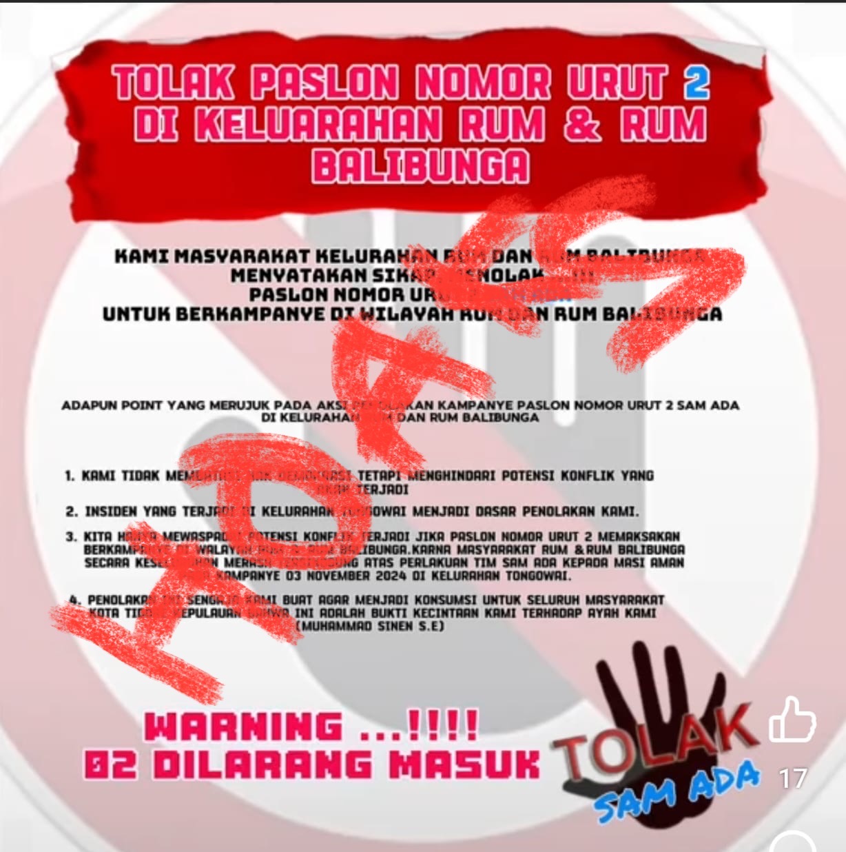 Tim Pemenang Sebut Penolakan SAM-ADA di Rum Itu Hoaks